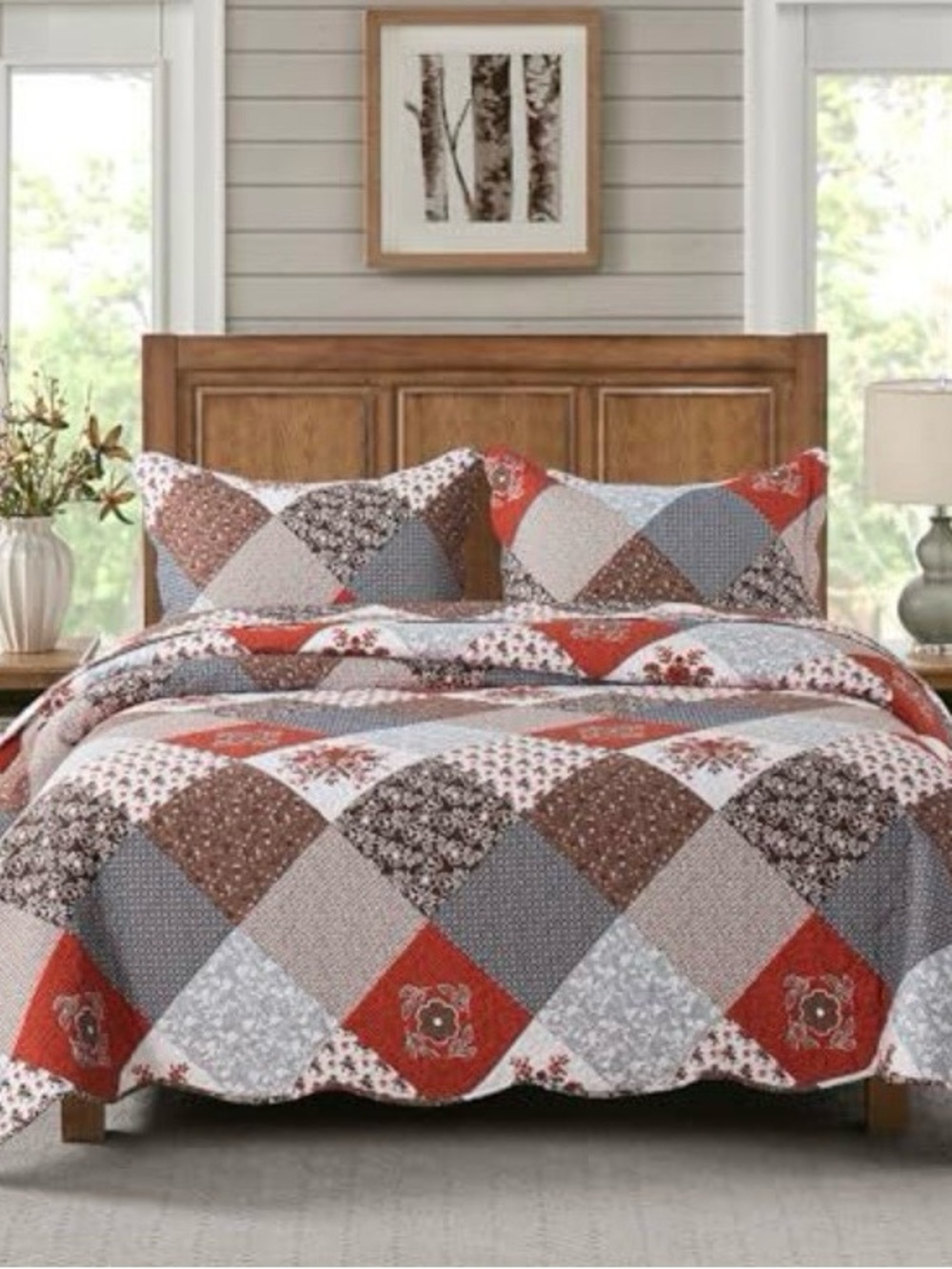 Honeylove Quilted Patchwork Bedspread in Rust, Brown & Gray